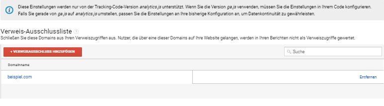 Verweis-Ausschlussliste verwalten