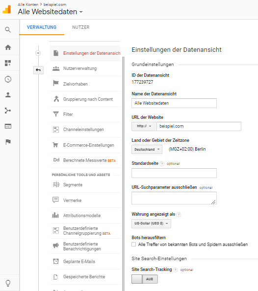 Verwaltung der Datenansicht