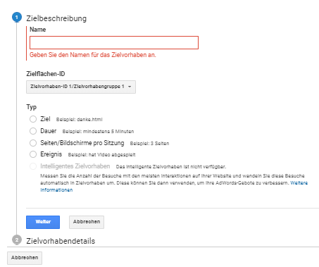 Google Analytics Zielvorhaben
