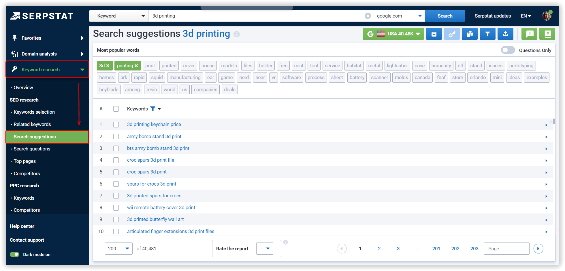 Serpstat search suggestions