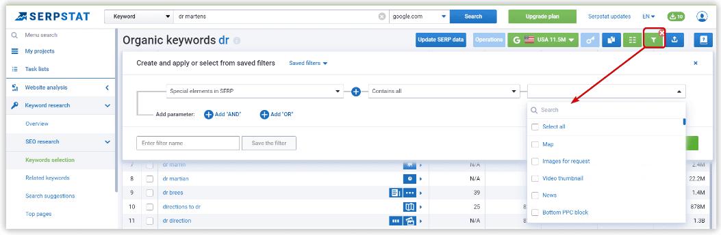 Keyword filter Serpstat 
