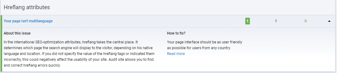 Serpstat audit displays hreflang in SEO issues