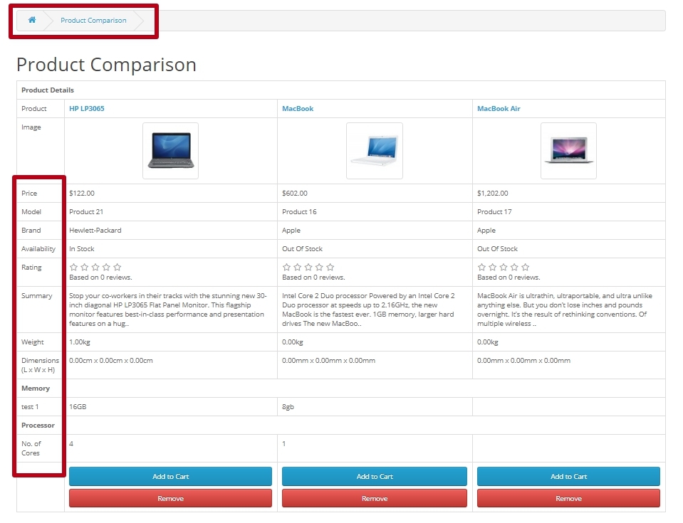 Compare products in Compare Improve module