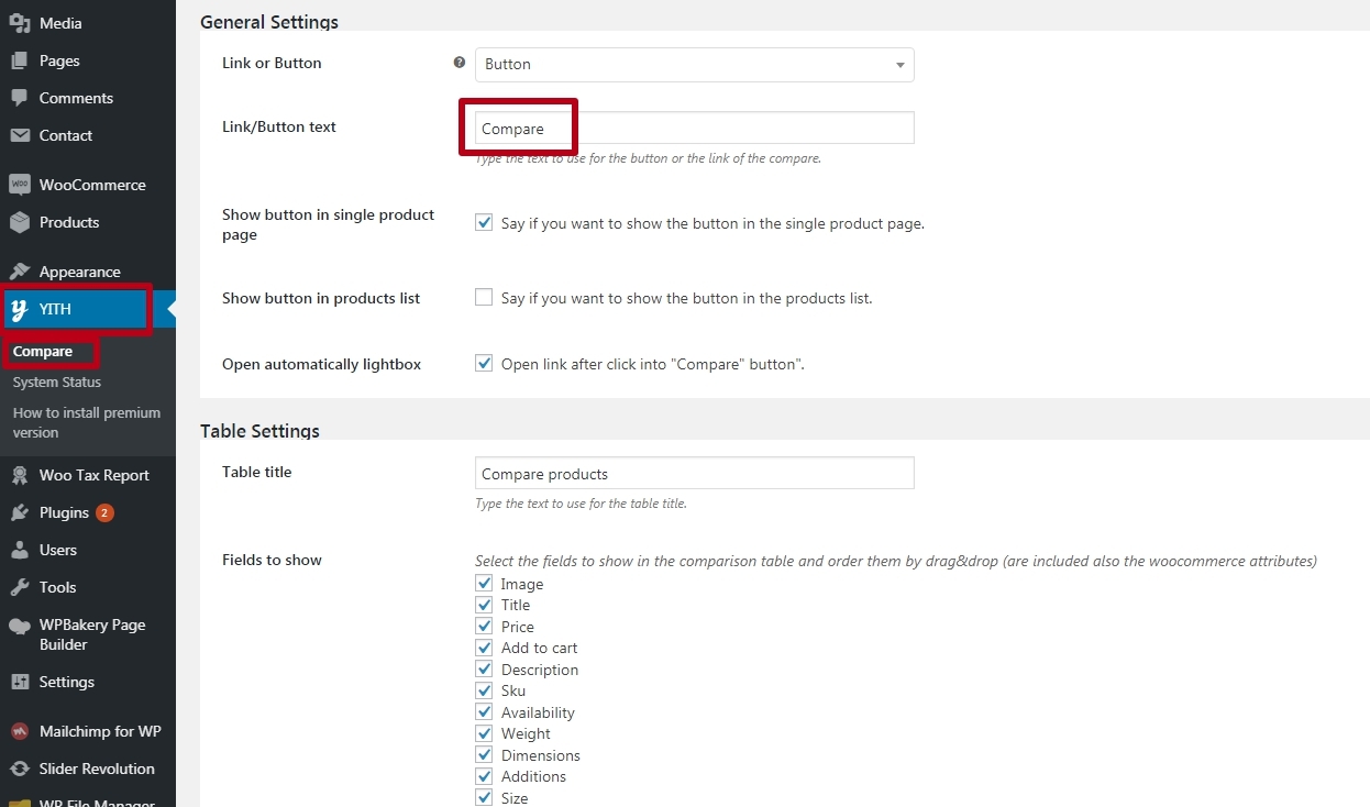 Compare Products with YITH WooCommerce Compare