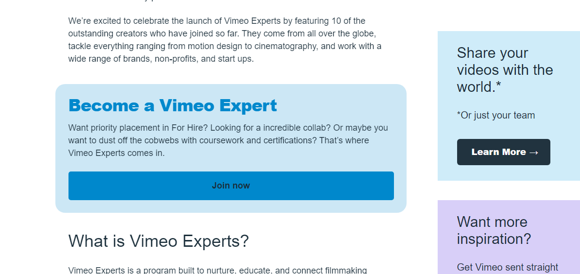Attractive and prominent CTA buttons on Vimeo
