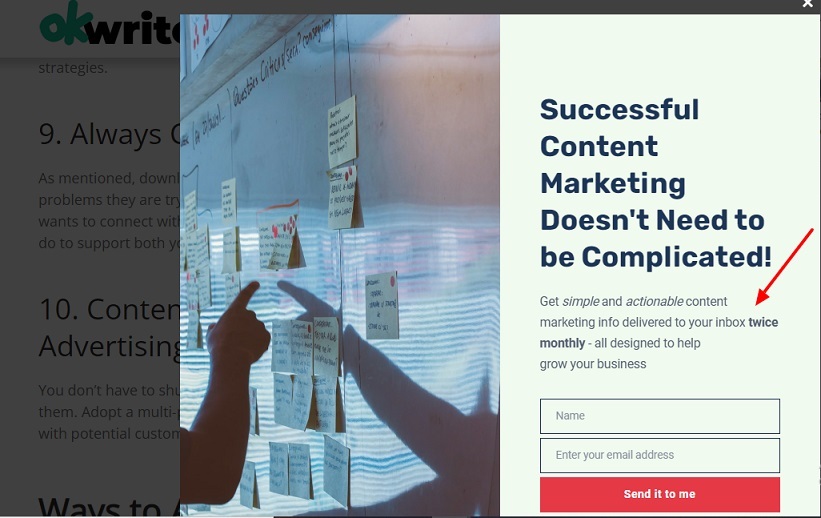 Newsletter subscription form with listed benefits (it says: Get simple and actionable content marketing info delivered to your inbox twice monthly - all designed to help grow your business)