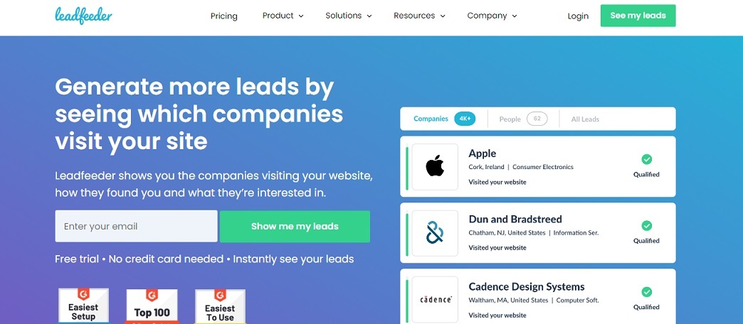 Visitor tracking software like Leadfeeder - Website homepage