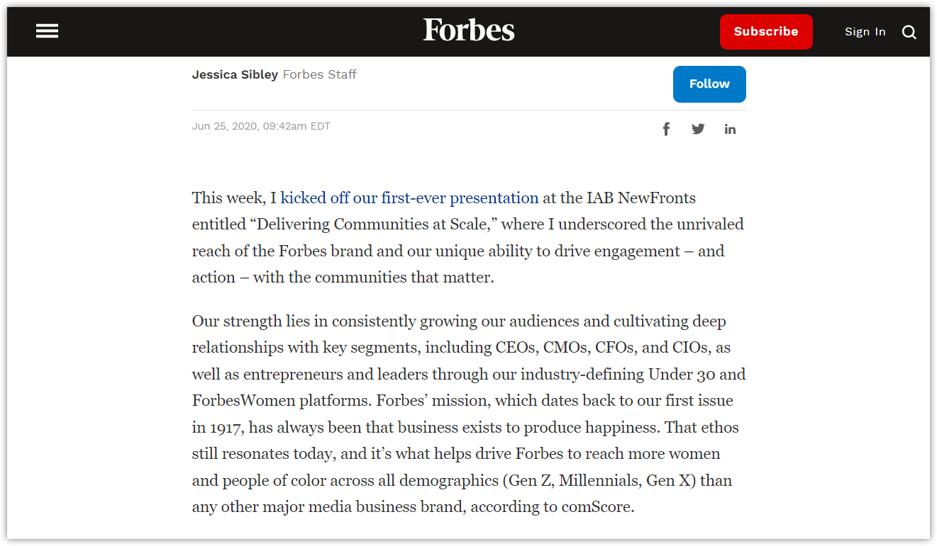 Forbes' positioning in the text of the article