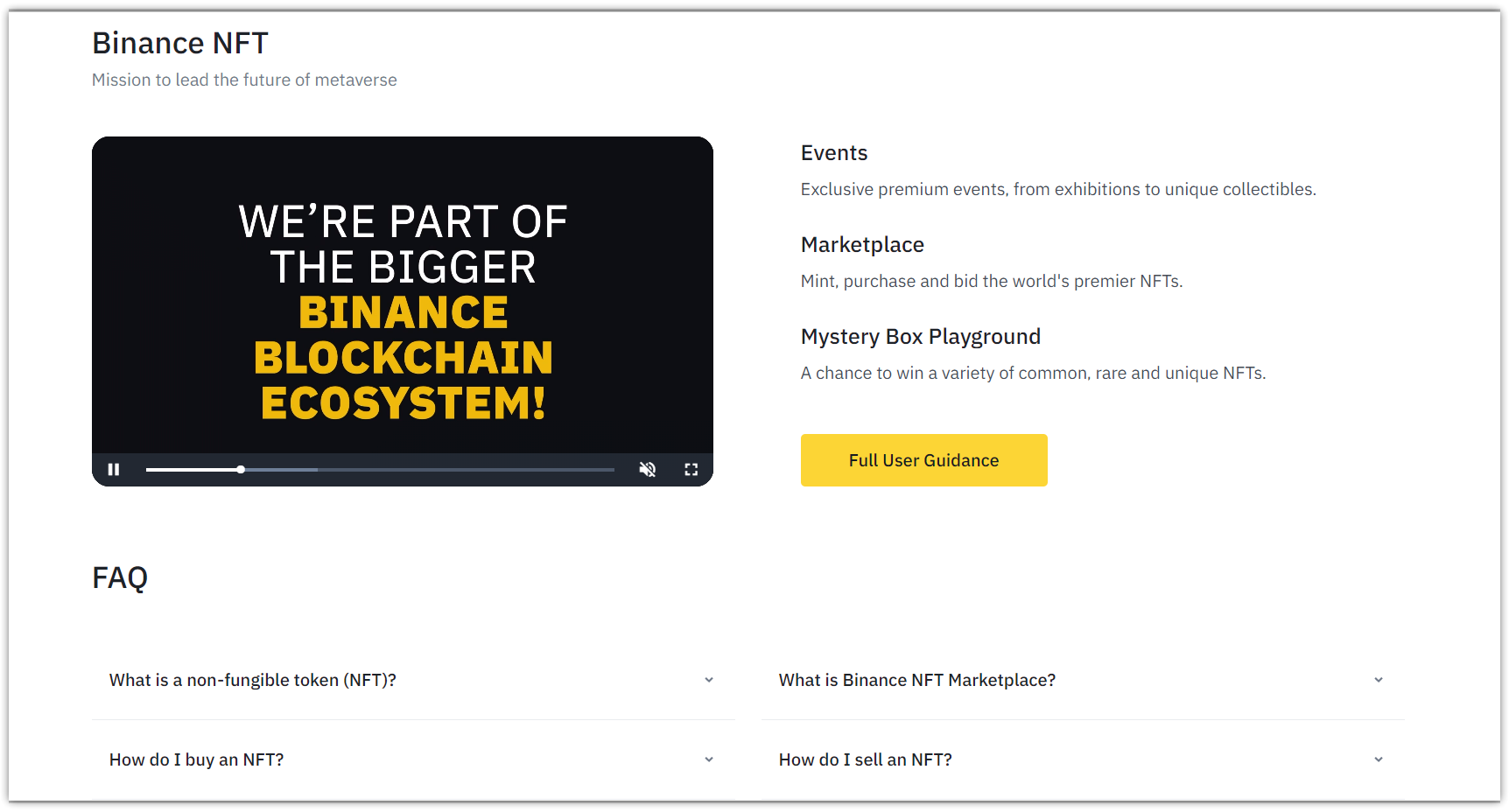 FAQ block in the Binance NFT section