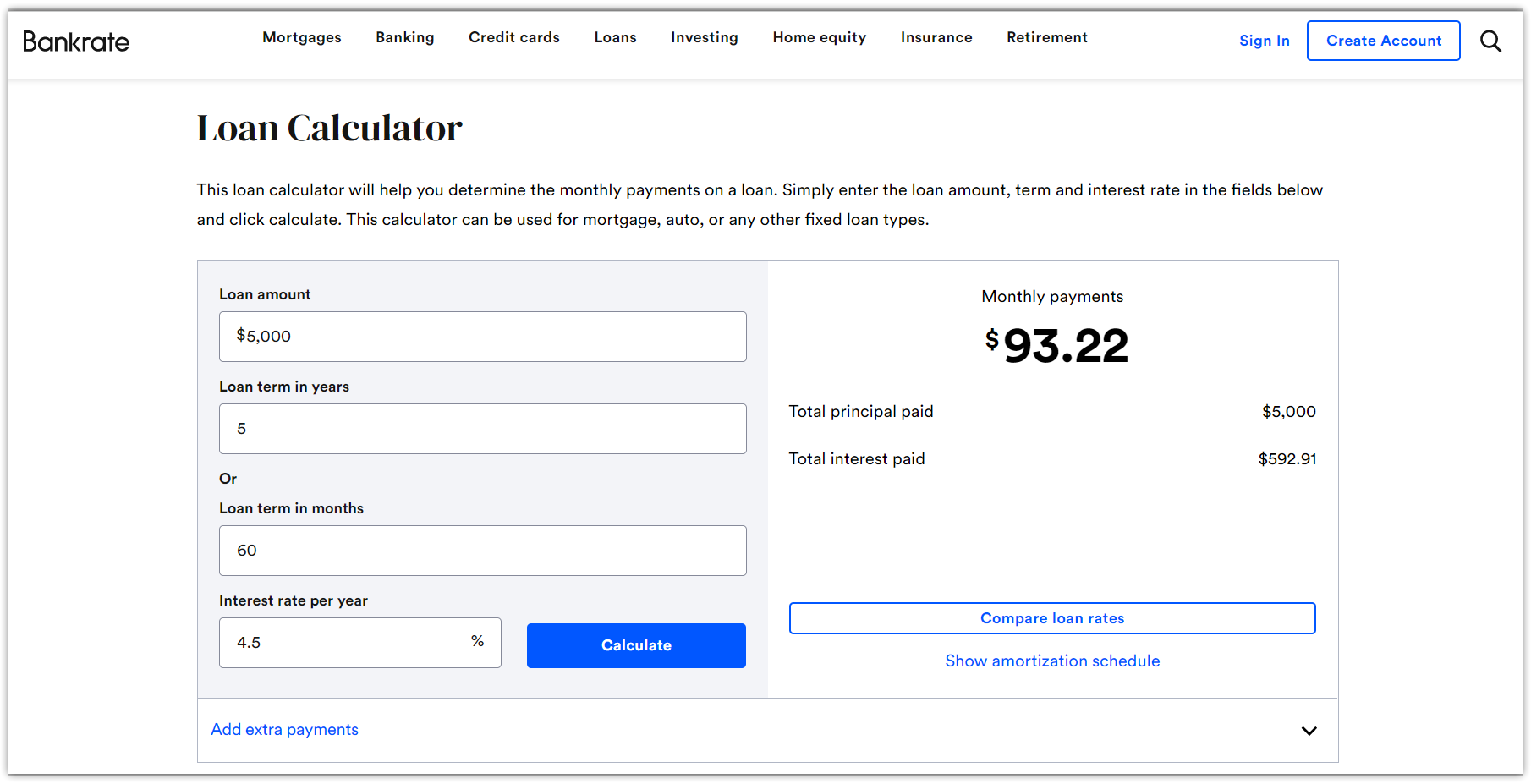 Loan calculator on Bankrate to estimate the monthly payments on a loan