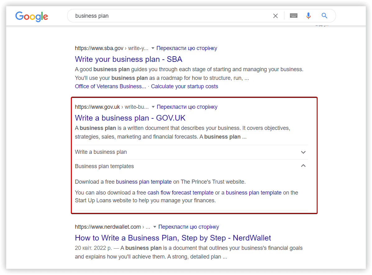 An example of CTA in SERP feature by a keyword