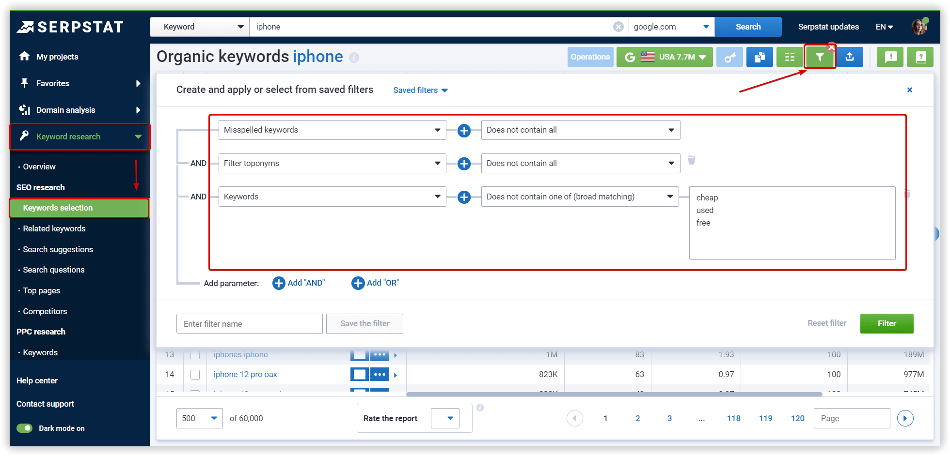 we set up filters and exclude key phrases In Serpstat