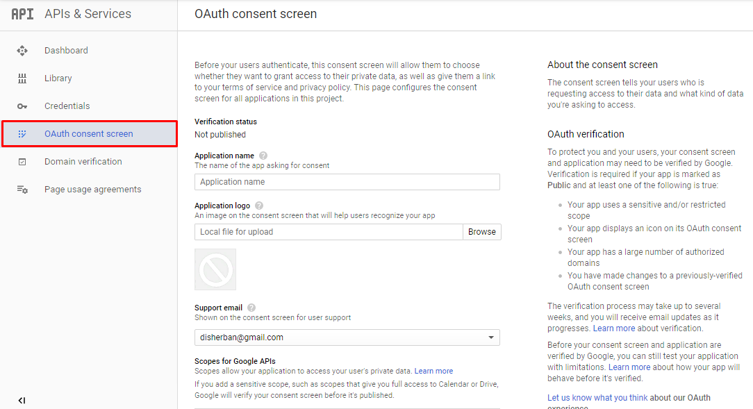 OAuth consent screen in Google