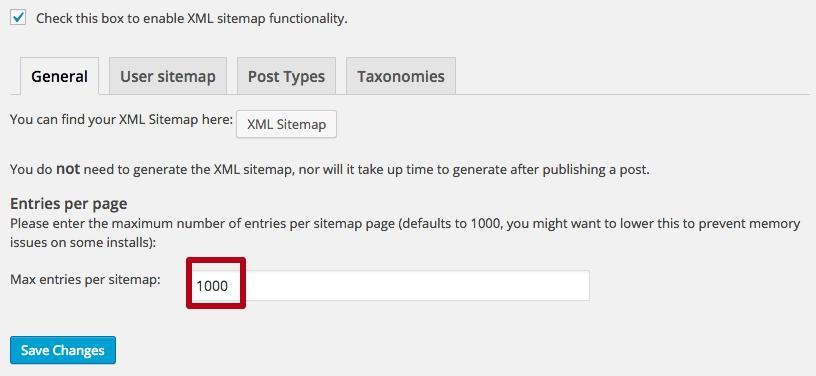 Max entries per sitemap in Wordpress