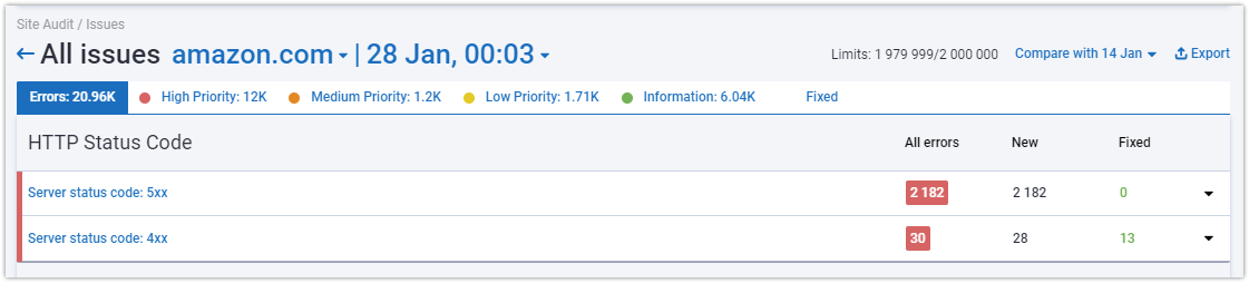 Site audit server error