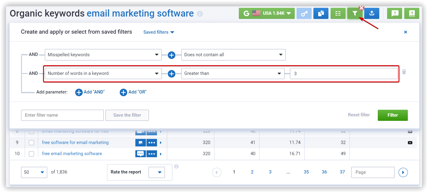 Serpstat Keyword Research Tool: Keyword Selection report. Setting filters to only include long-tail keywords (containing more than three words)