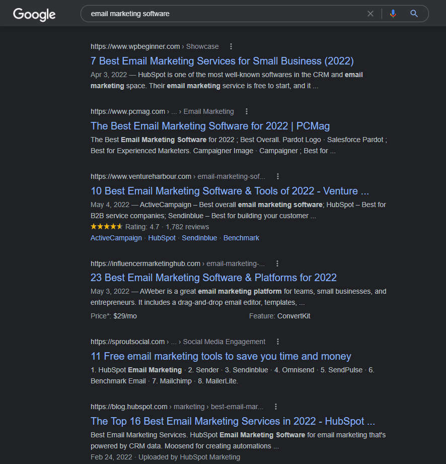 Google Search Results For Email Marketing Software