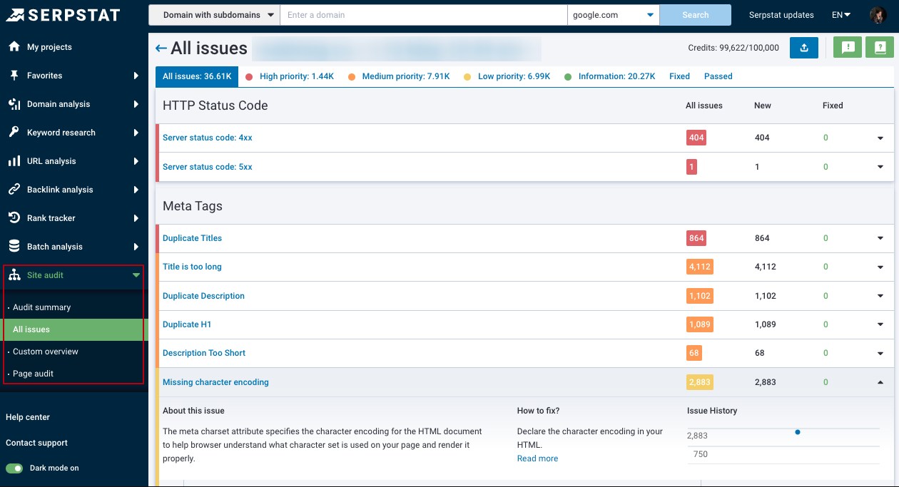 Serpstat Site Audit tool