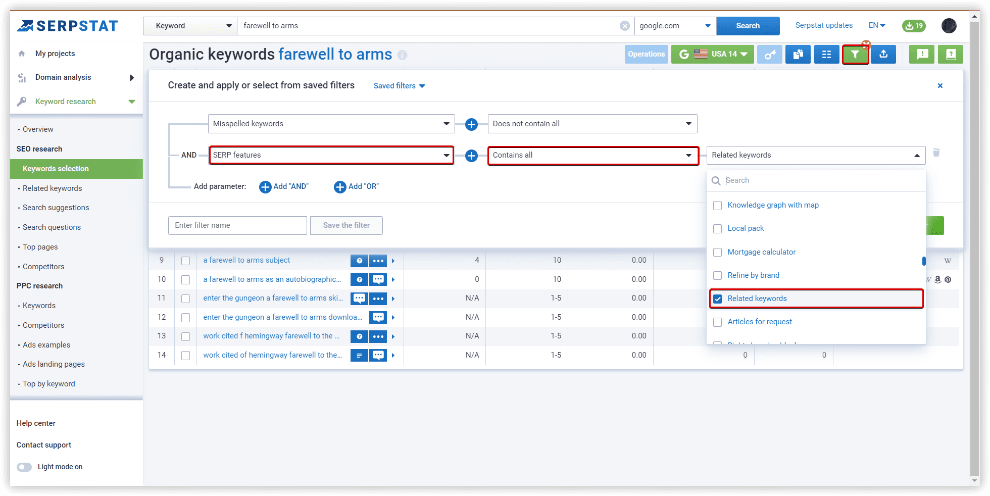 Filtering in Keywords selection