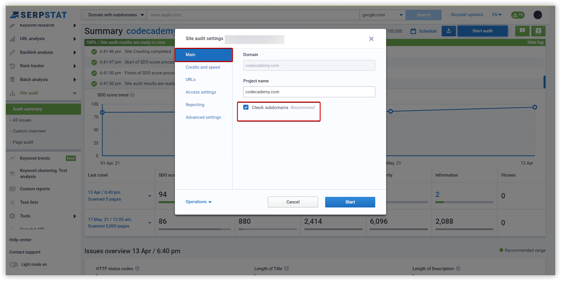Site audit with subdomains