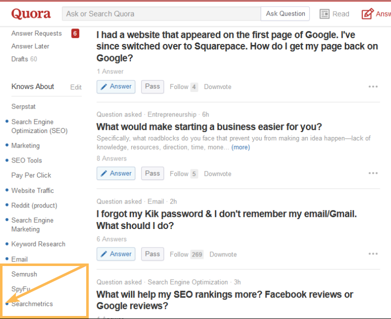 Обновленные темы на Quora отмечаются синими точками