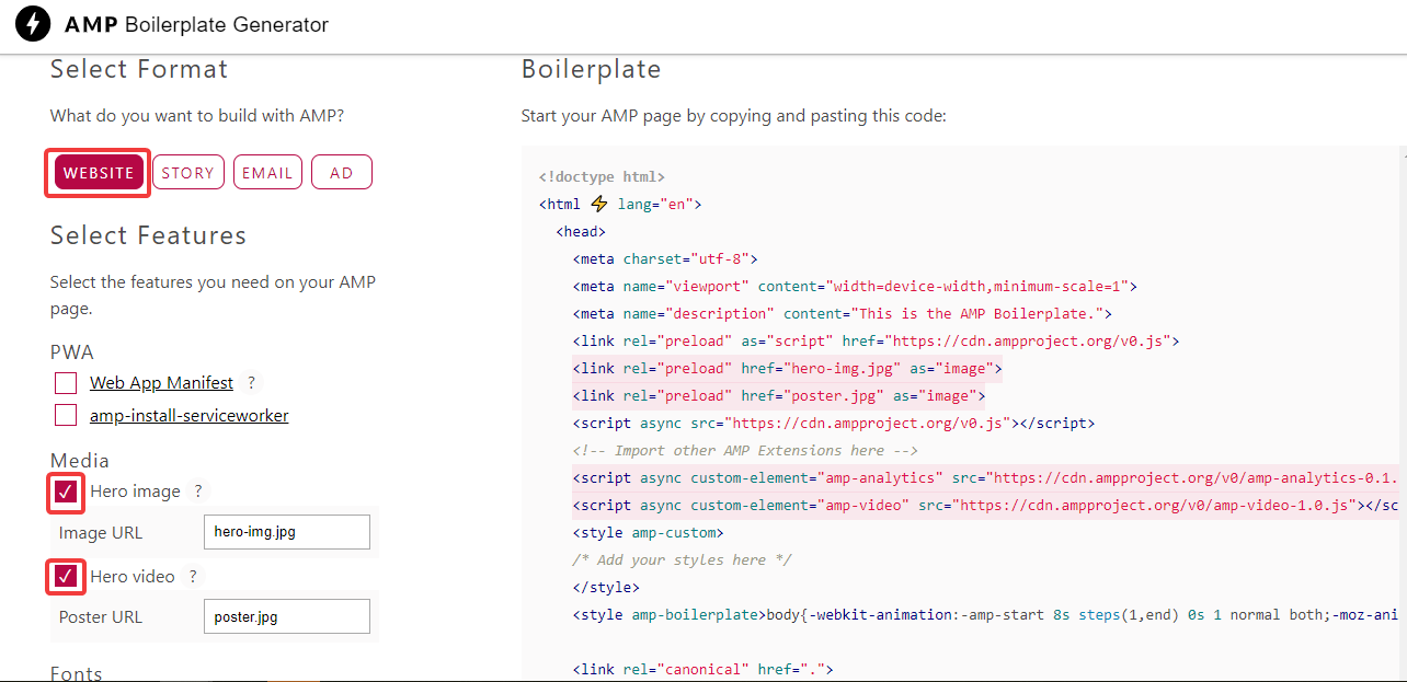 Генератор AMP Boilerplate Generator