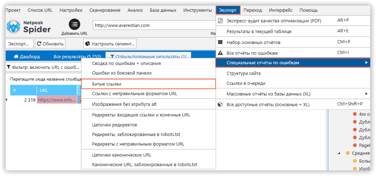 Отчет об ошибках сайта в Netpeak Spider