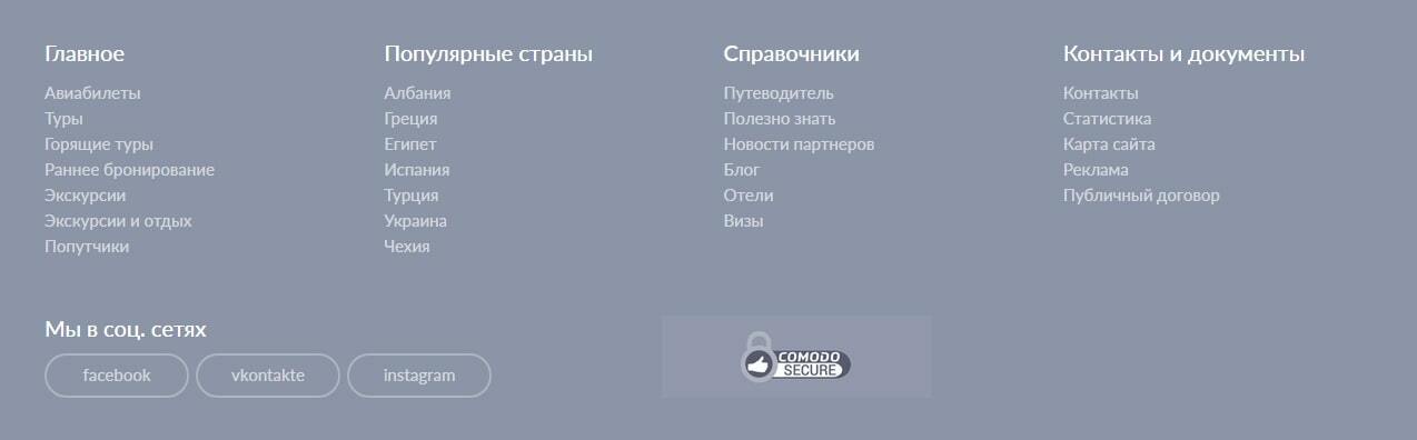 ссылки на популярные страницы сайта в футере