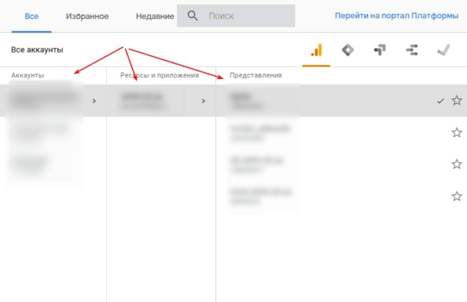 Выбор аккаунта в Google Analytics