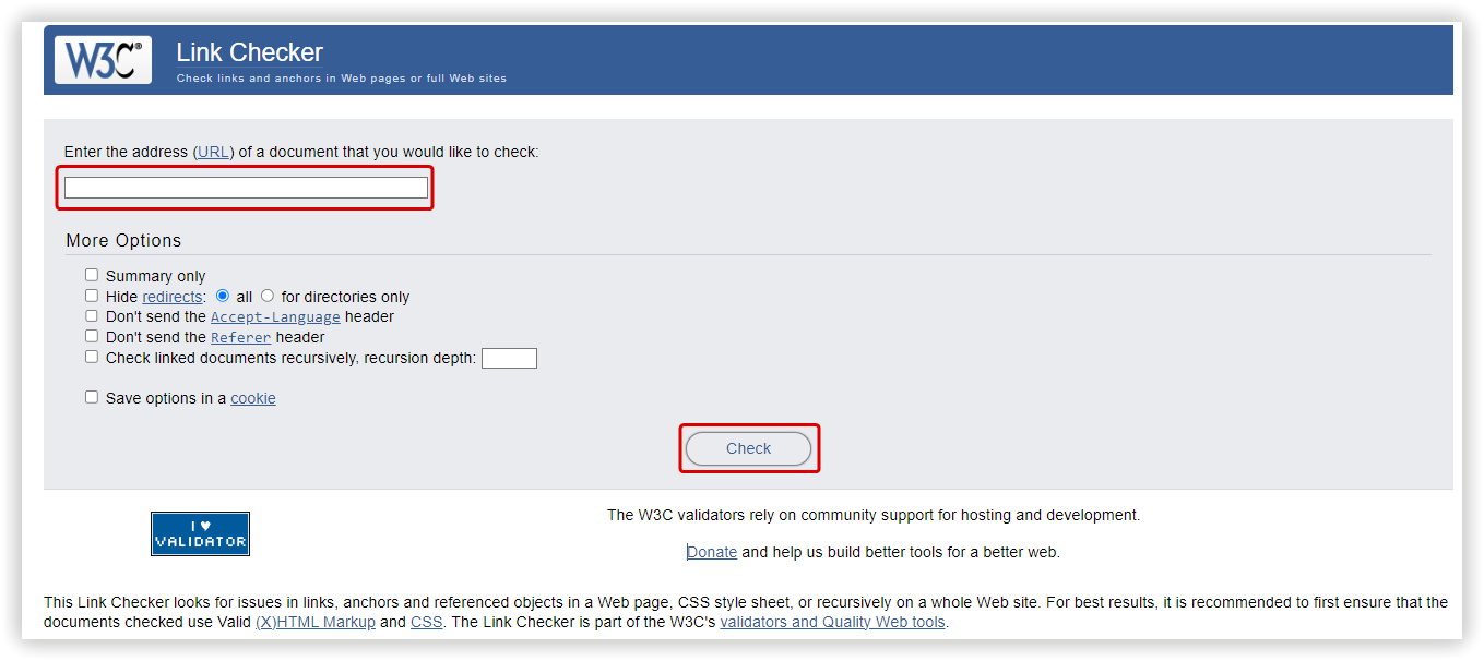 Интерфейс онлайн-сервиса для проверки ссылок W3C Link Checker