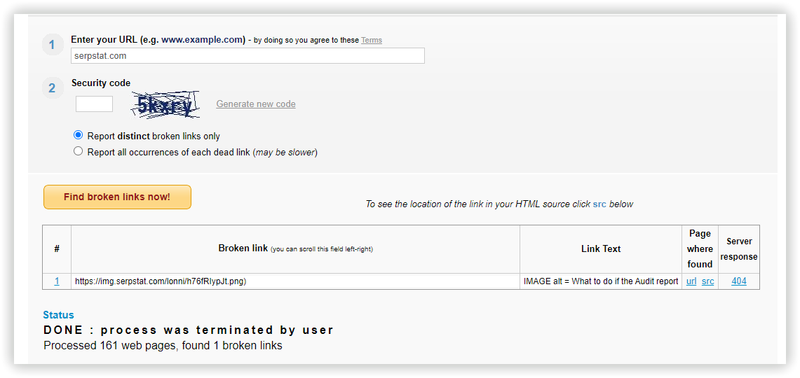 Результат проверки битых ссылок в онлайн-сервисе Online Broken Link Checker