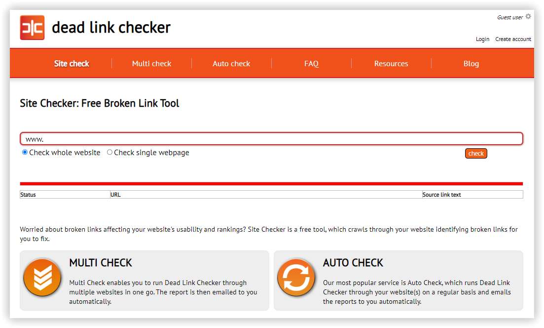Интерфейс сервиса Dead link checker