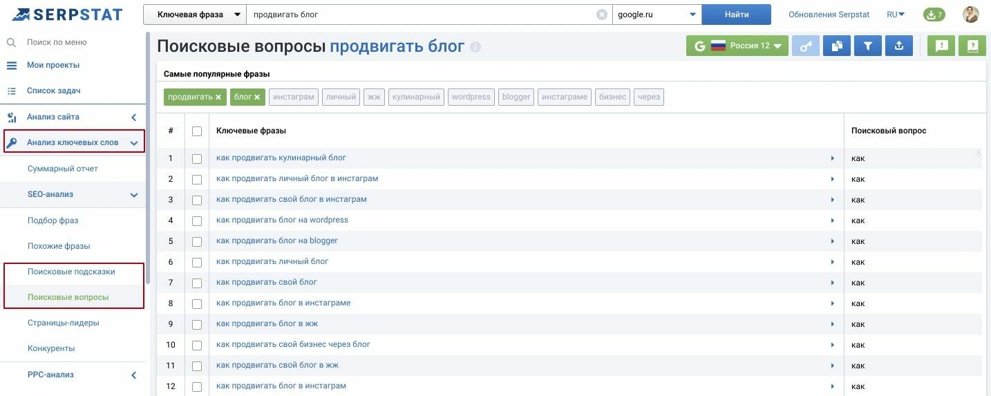 Модуль «Поисковые вопросы» Serpstat