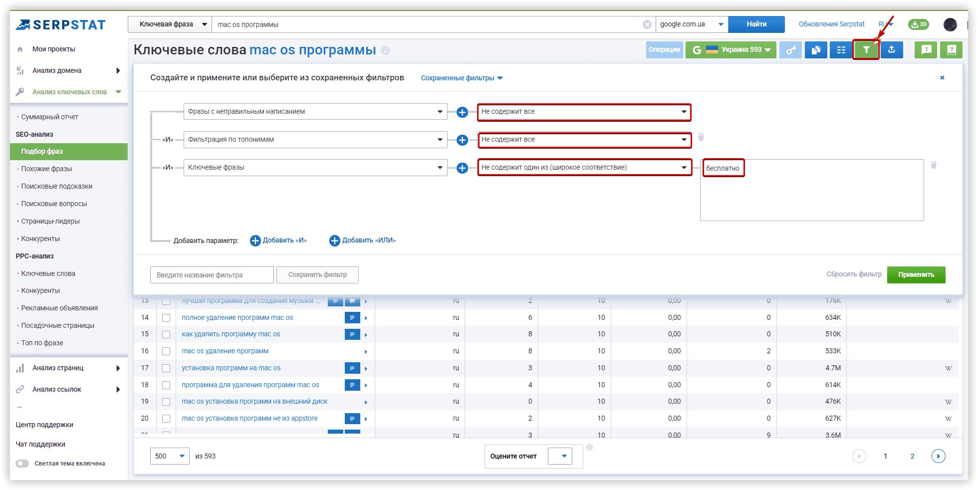 Фильтрация, поисковая аналитика