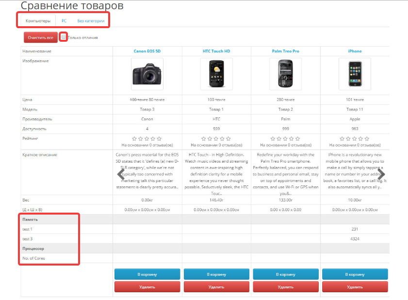 Сравнение товаров в модуле Compare Improve