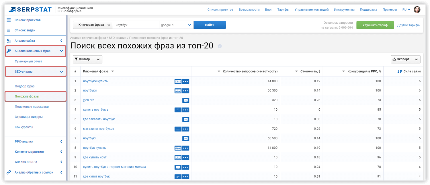 Поиск похожих фраз в Serpstat
