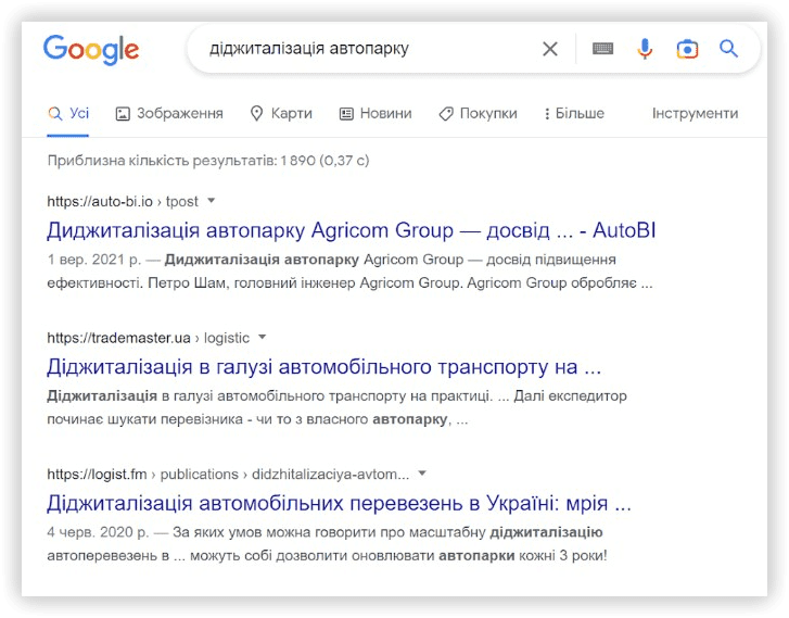 Результаты в выдаче