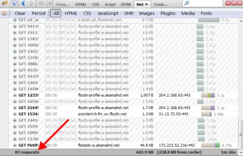 Число HTTP-запросов в плагине Firebug в Firefox