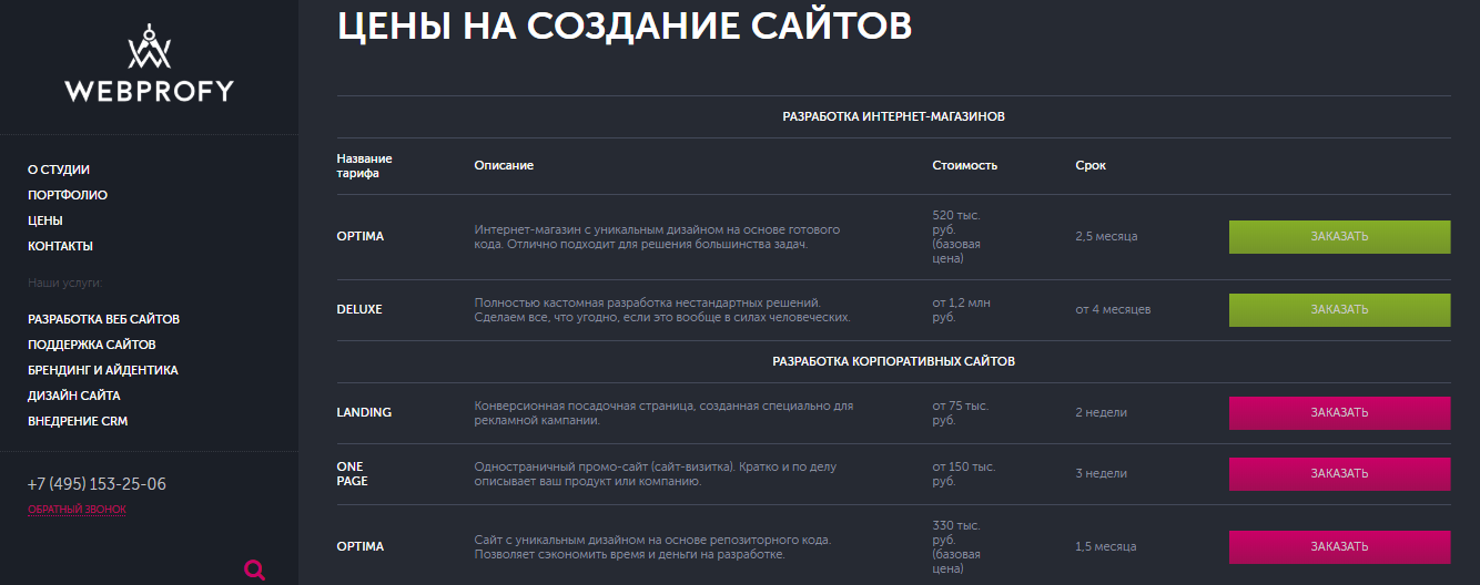 Цены на создание сайтов в веб-студии