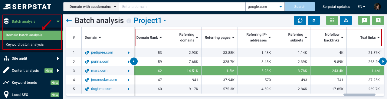 Serpstat Backlink Analysis tool