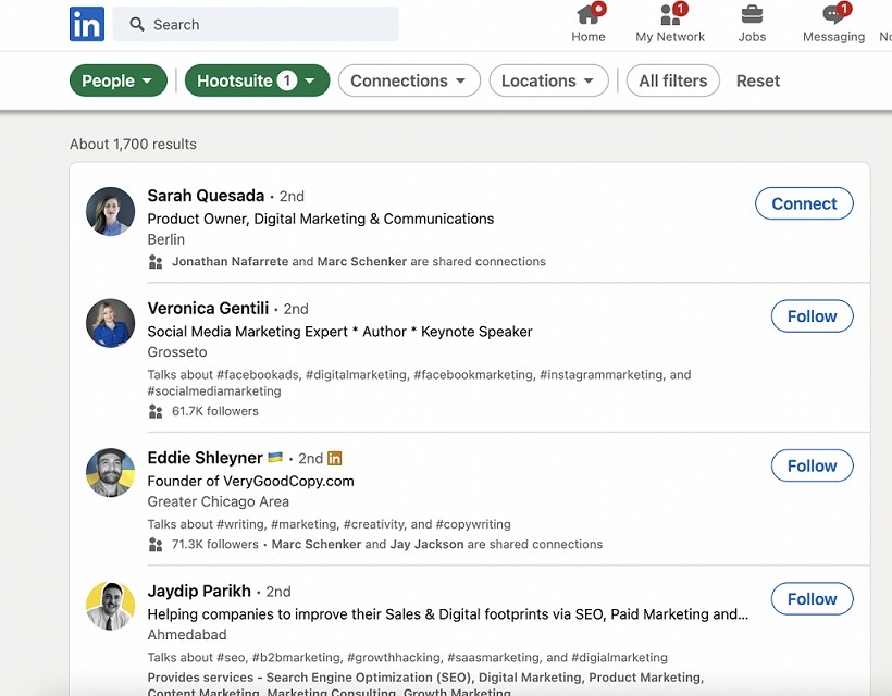 LinkedIn search results: People that work with content