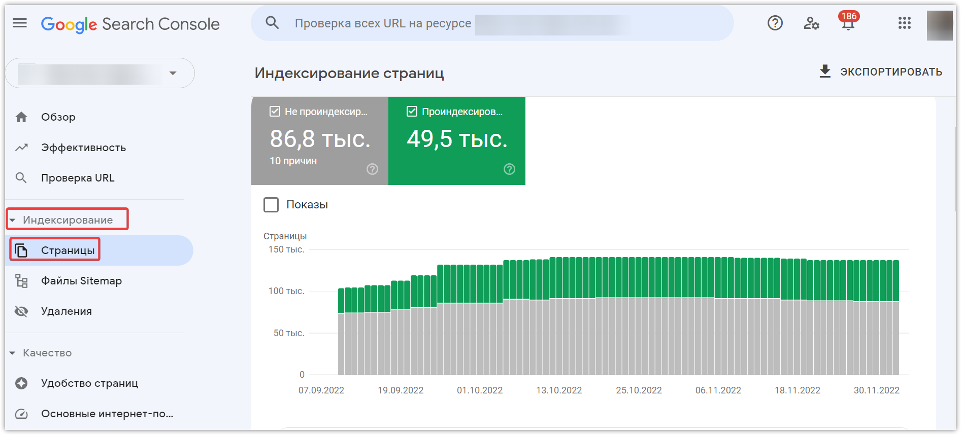 Status indexacii sayta v Search Console