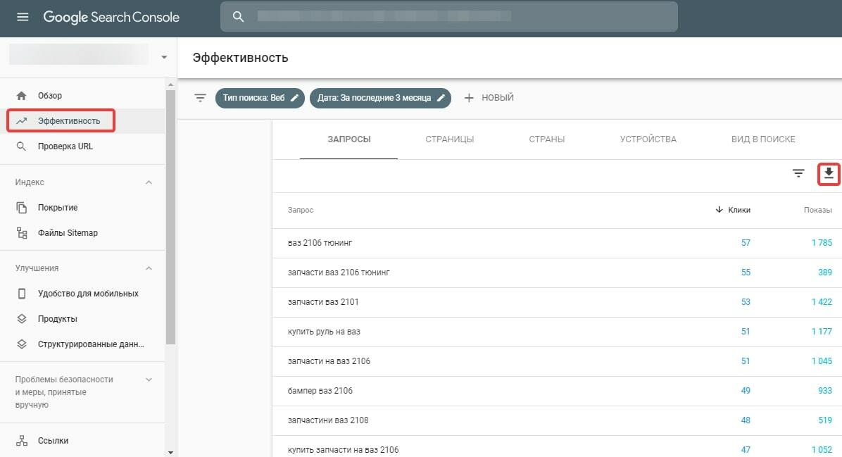 Эффективность ключевых слов Google Search Console / Статистика ключевых слов в Google Search Console