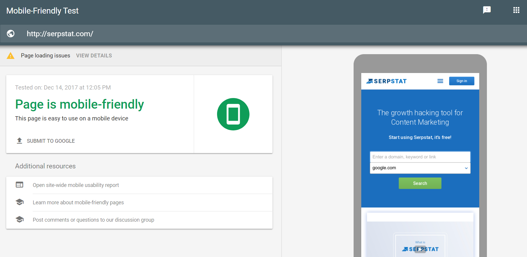 Google Search Console mobile friendly test
