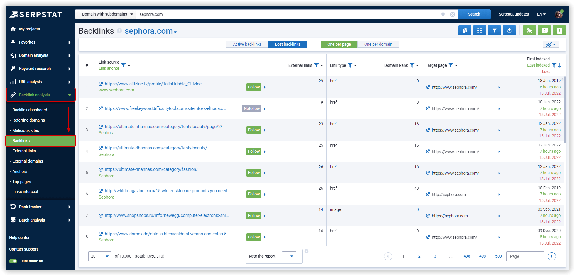 Lost backlinks Serpstat