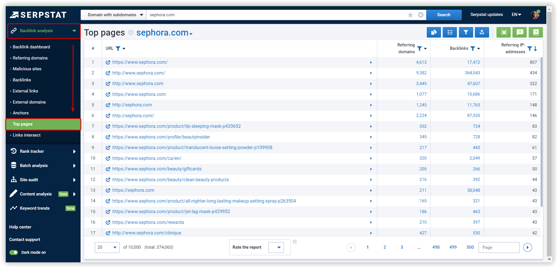 Backlinks Top pages Serpstat