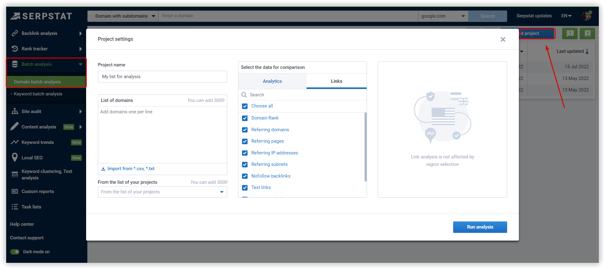 Add new project Domain batdh analysis Serpstat