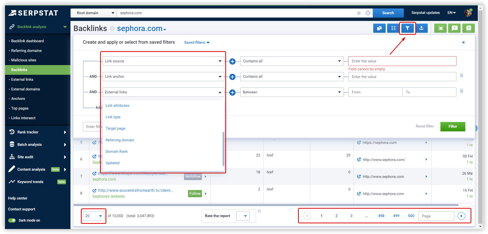 Backlinks filter Serpstat