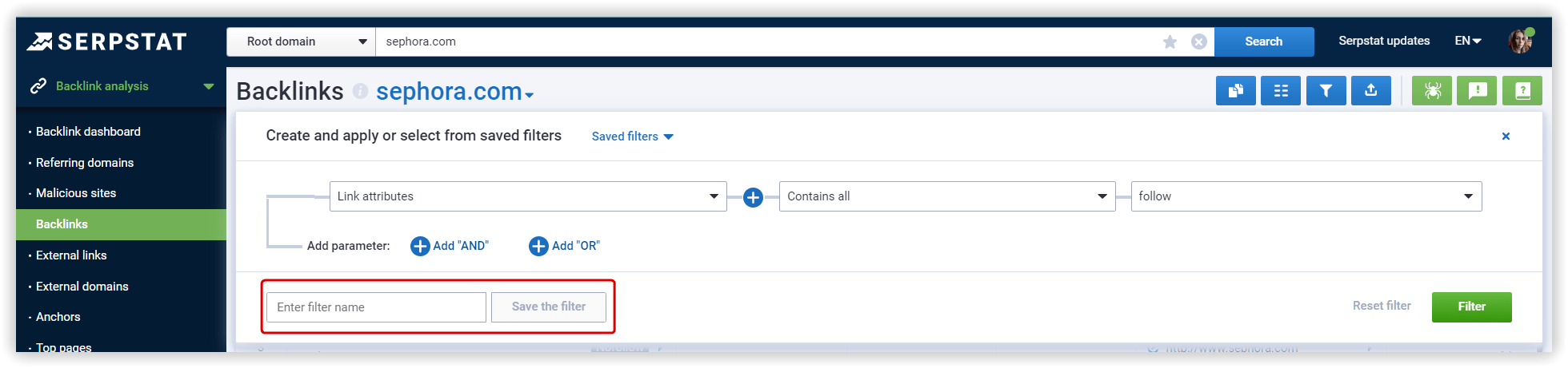 Backlinks filter Serpstat