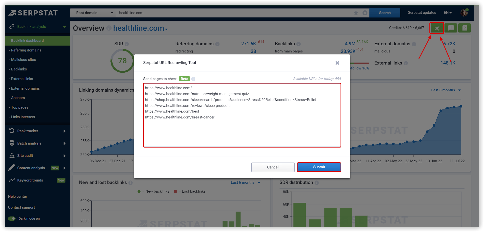 Serpstat URL Recrawling Tool